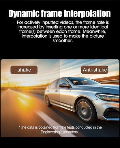 Split image showing blurry car motion on left labeled shake and clear sharp car motion on right labeled Anti-shake with dynamic frame interpolation text above