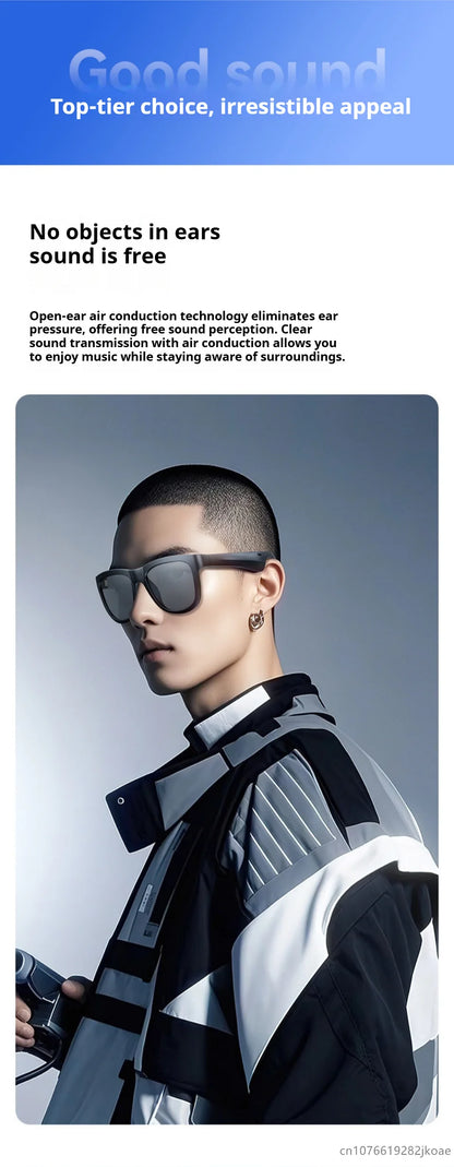 Young man wearing OVO-1 smart sunglasses with built-in open-ear speakers and futuristic black and white jacket