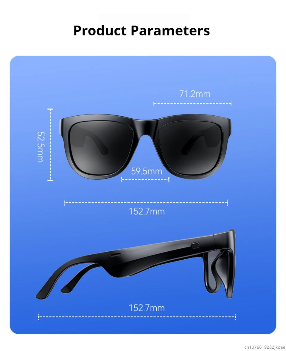Black smart sunglasses with integrated earbuds showing detailed measurements on a blue background