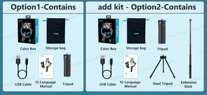 Comparison image showing two M02 gimbal kit options with included accessories such as tripod, USB cable, and storage bag on a blue background