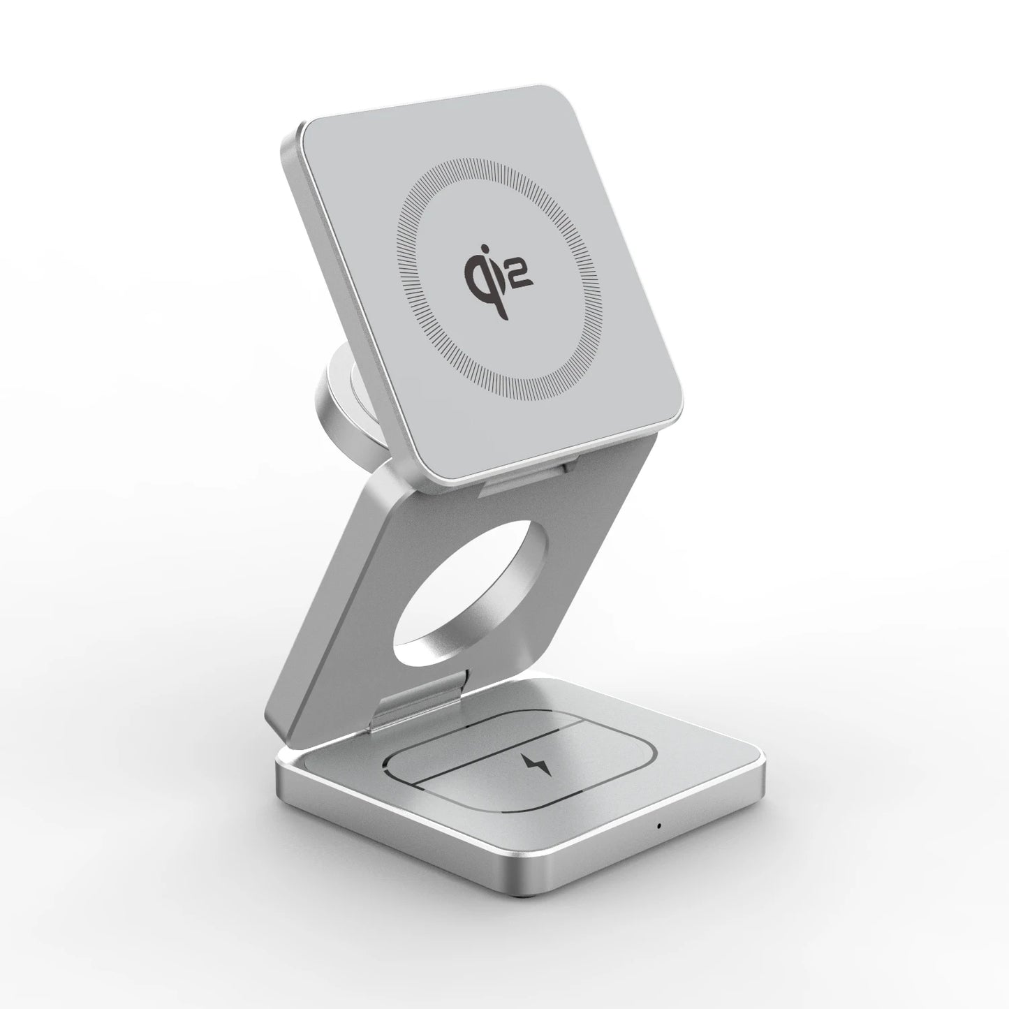 Silver foldable 3-in-1 magnetic wireless charger stand for iPhone, Apple Watch, and AirPods with Qi 15W fast charging
