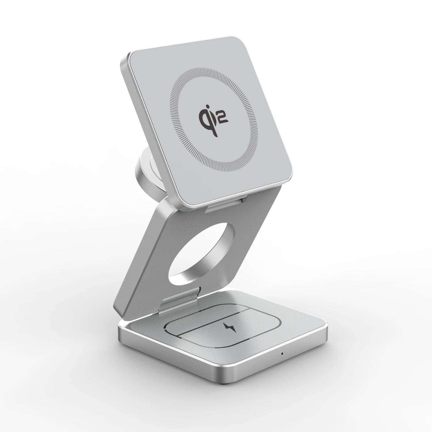 Silver foldable 3-in-1 magnetic wireless charger stand for iPhone, Apple Watch, and AirPods with Qi 15W fast charging