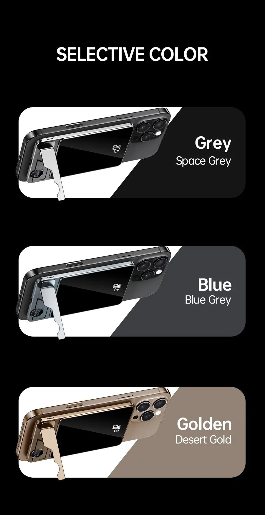 Three magnetic power banks in space grey, blue grey, and desert gold attached to phone backs with kickstands extended