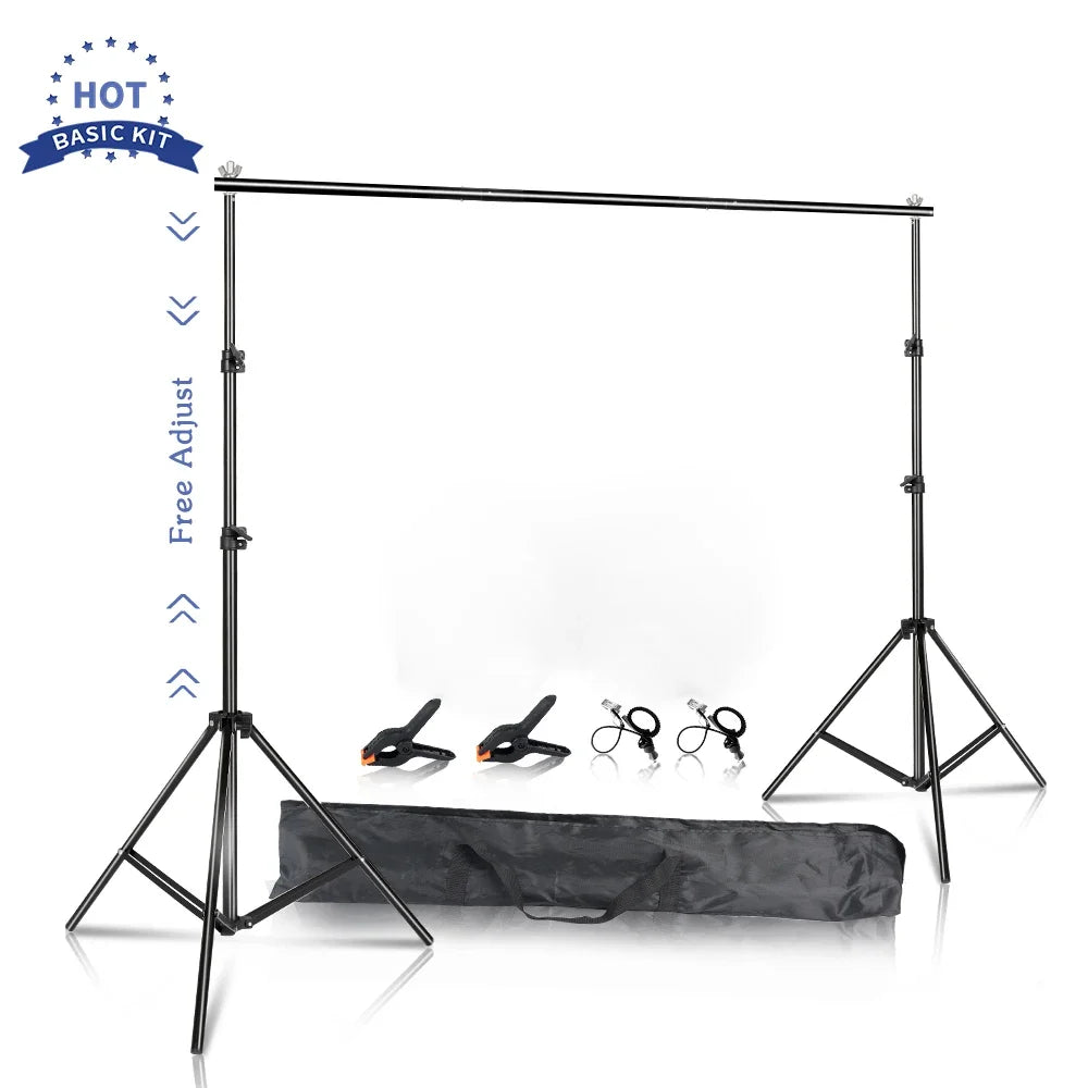 Adjustable black aluminum photo backdrop support stand kit with clamps and carrying case on white background