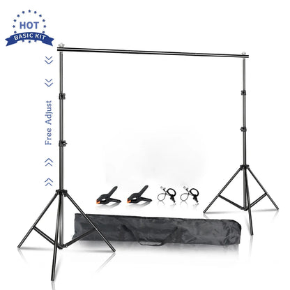 Adjustable black aluminum photo backdrop support stand kit with clamps and carrying case on white background
