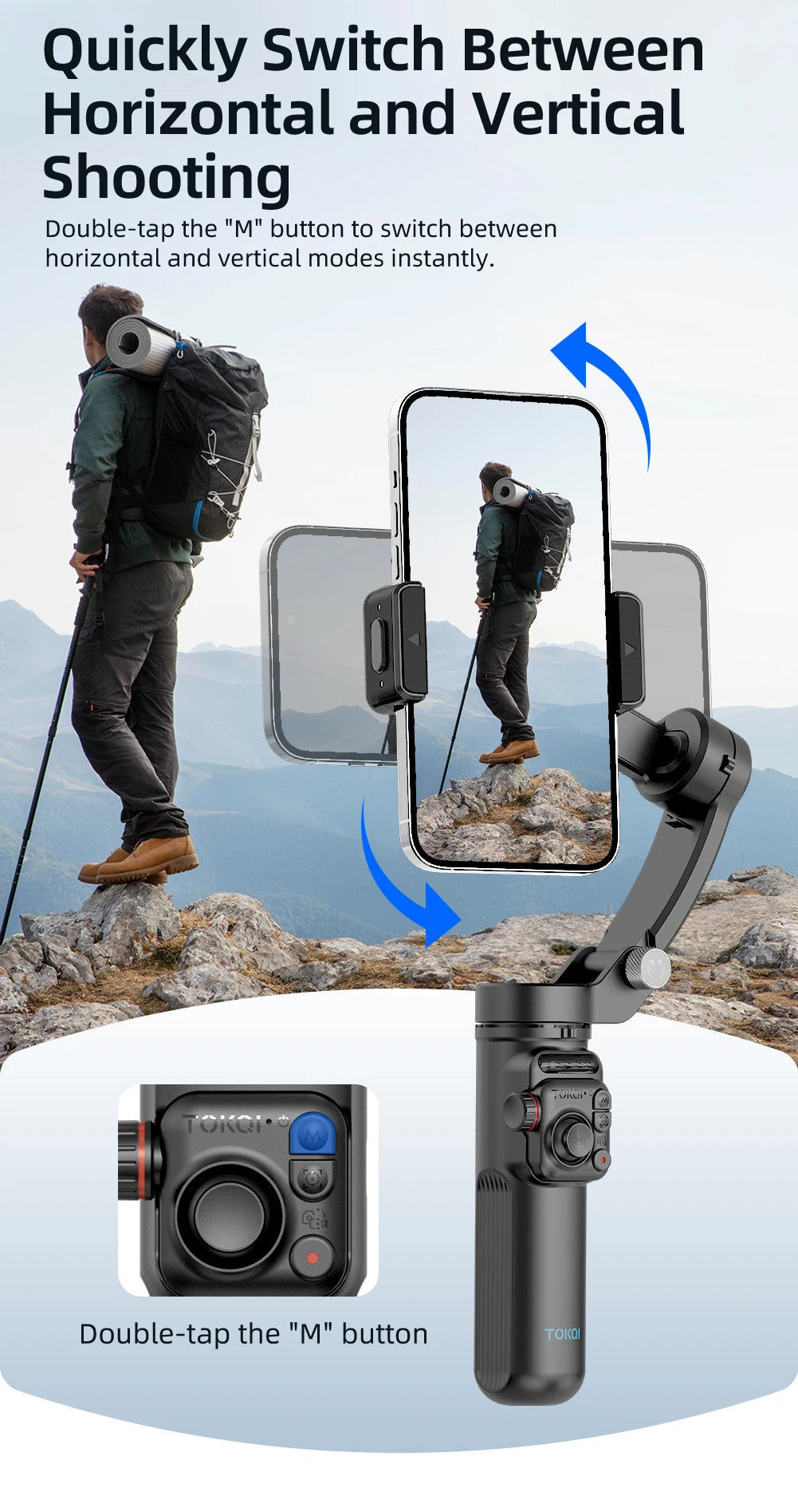 Portable 3-axis smartphone gimbal shown switching between horizontal and vertical shooting modes with remote control button highlighted