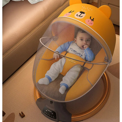 Baby resting in yellow bear-themed electric rocking chair with protective mesh cover in cozy indoor setting