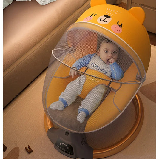 Baby resting in yellow bear-themed electric rocking chair with protective mesh cover in cozy indoor setting