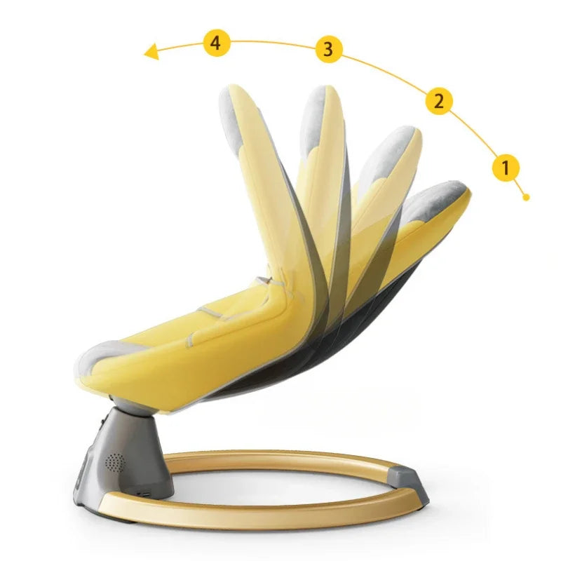 Yellow electric baby rocking chair demonstrating adjustable reclining positions on a white background