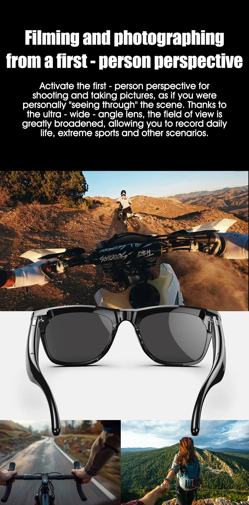 Smart sunglasses with built-in 100MP camera showing first-person action sports and outdoor adventure views