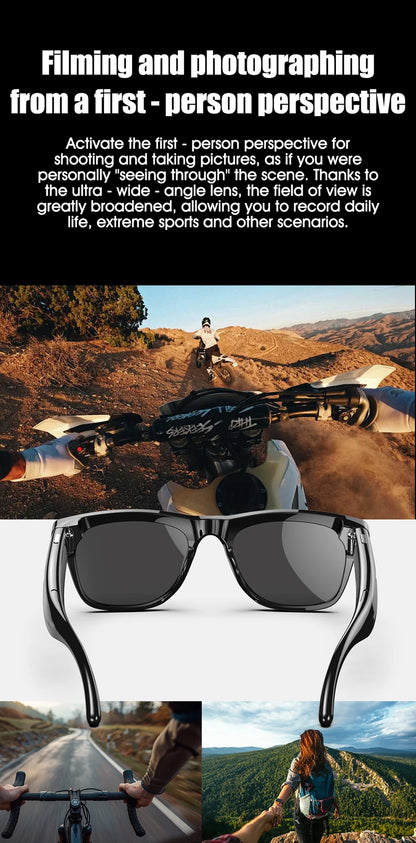 Smart sunglasses with built-in 100MP camera showing first-person action sports and outdoor adventure views