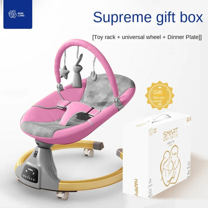 Pink and gray electric baby rocker chair with toy rack and universal wheels next to a white gift box packaging