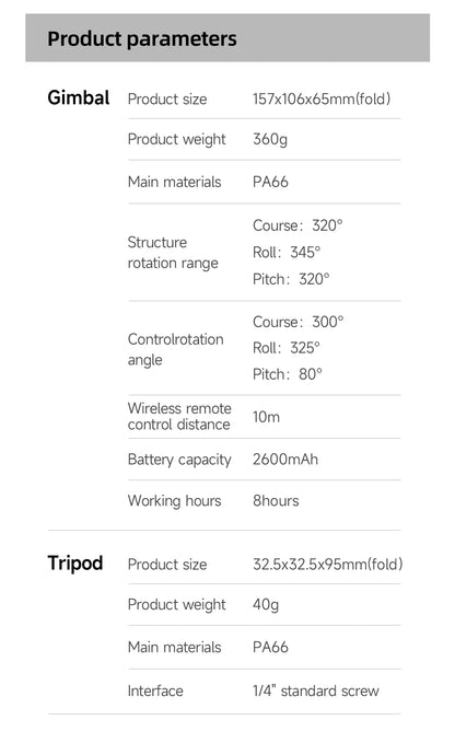 Technical specifications table for M02 portable 3-axis smartphone gimbal and tripod with battery and control details