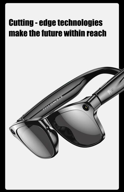 Close-up of black smart glasses with camera and Bluetooth features against a light background with text above