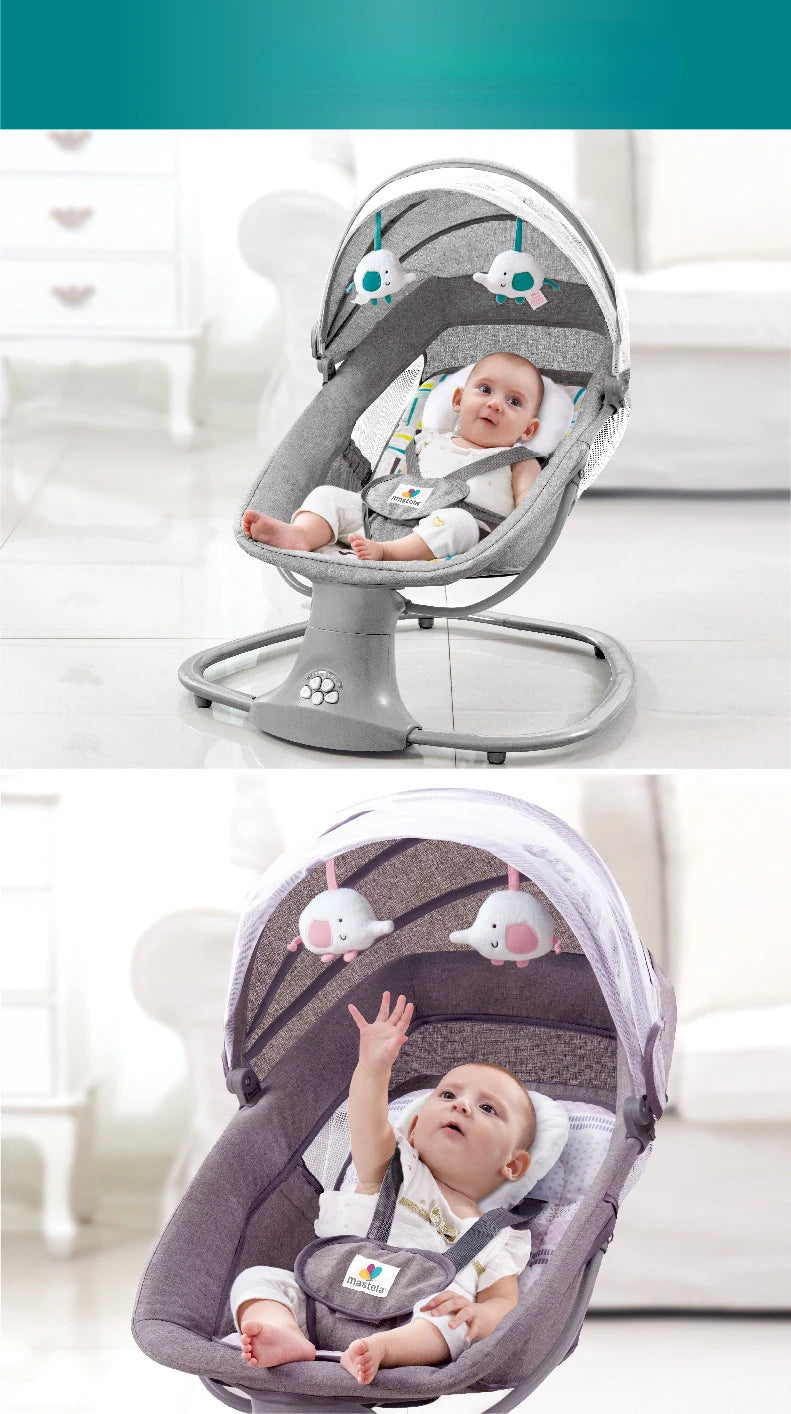 Two images of babies sitting in gray and purple electric multifunctional rocking chairs with hanging toys in a bright room