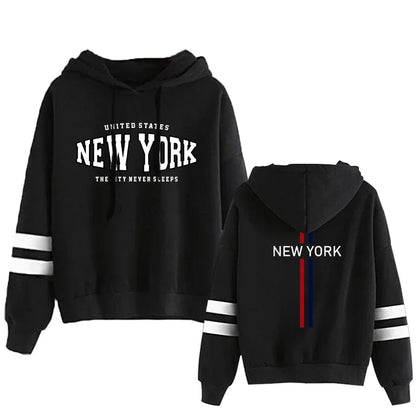 Black two-piece hoodie set with white New York text and striped sleeves for comfortable casual wear
