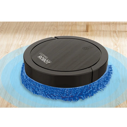 Black automatic robot vacuum and mop with blue microfiber brush on wooden floor surface