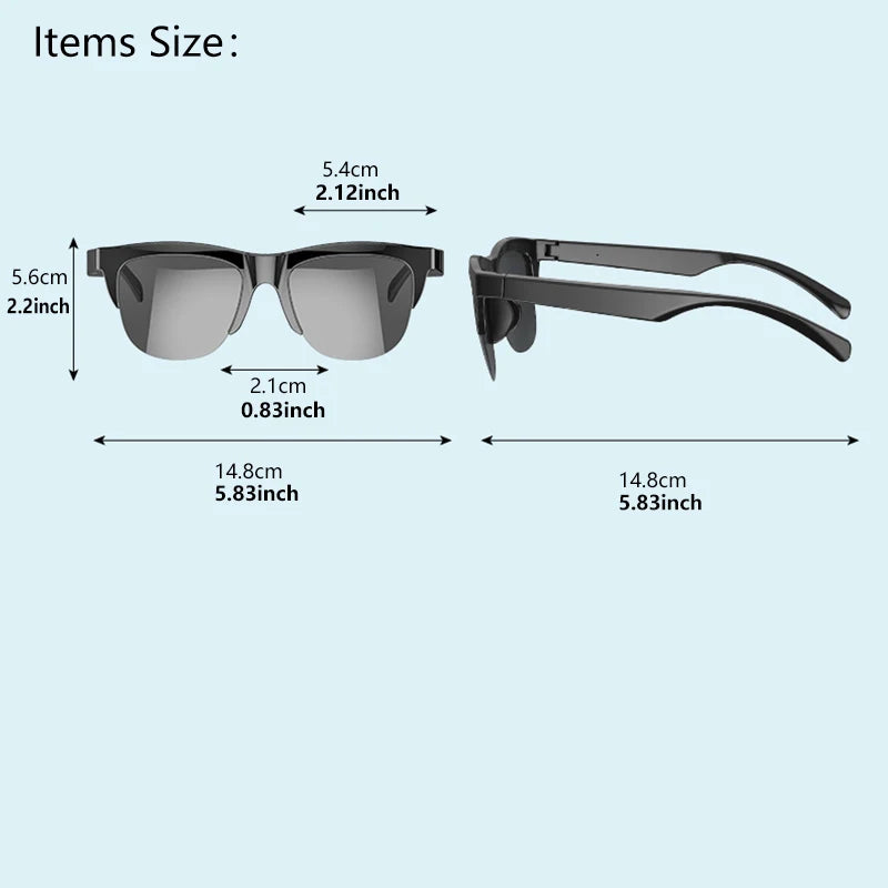 Black Bluetooth 5.3 wireless sunglasses with measurements shown from front and side views on a light blue background