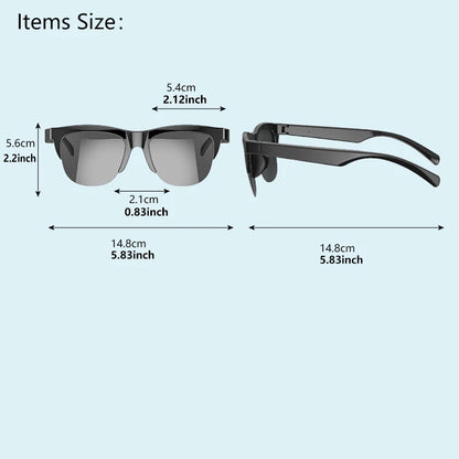 Black Bluetooth 5.3 wireless sunglasses with measurements shown from front and side views on a light blue background