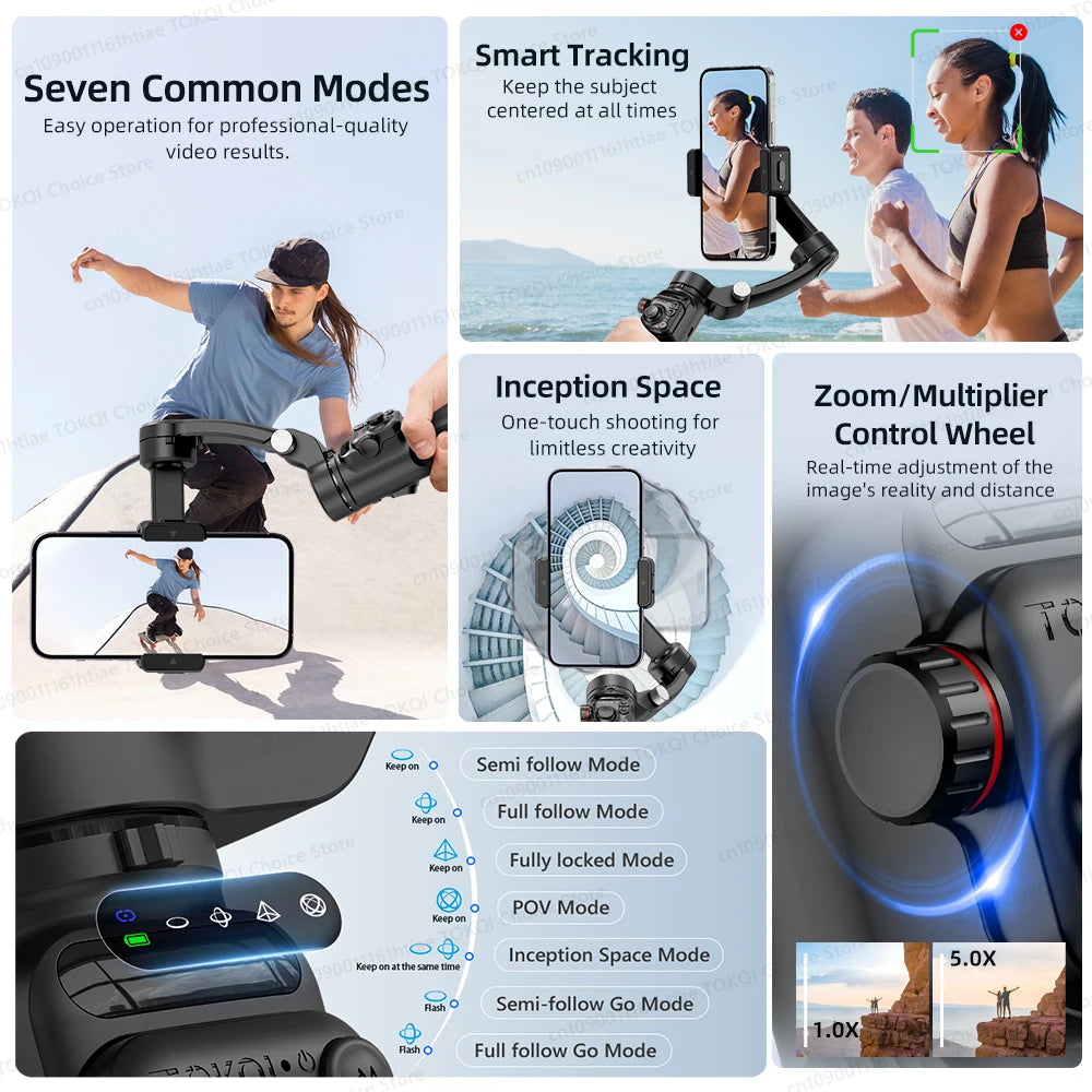 Collage showing features of a 3-axis smartphone gimbal including smart tracking, zoom control, and multiple shooting modes