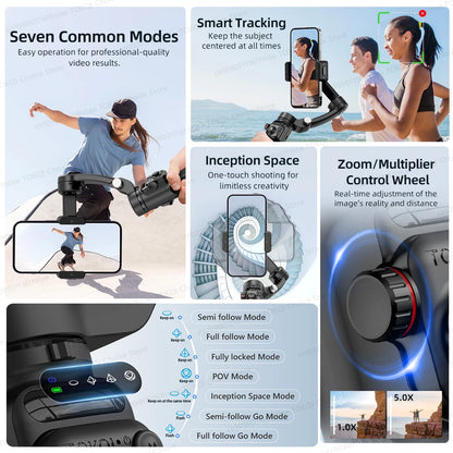 Collage showing features of a 3-axis smartphone gimbal including smart tracking, zoom control, and multiple shooting modes