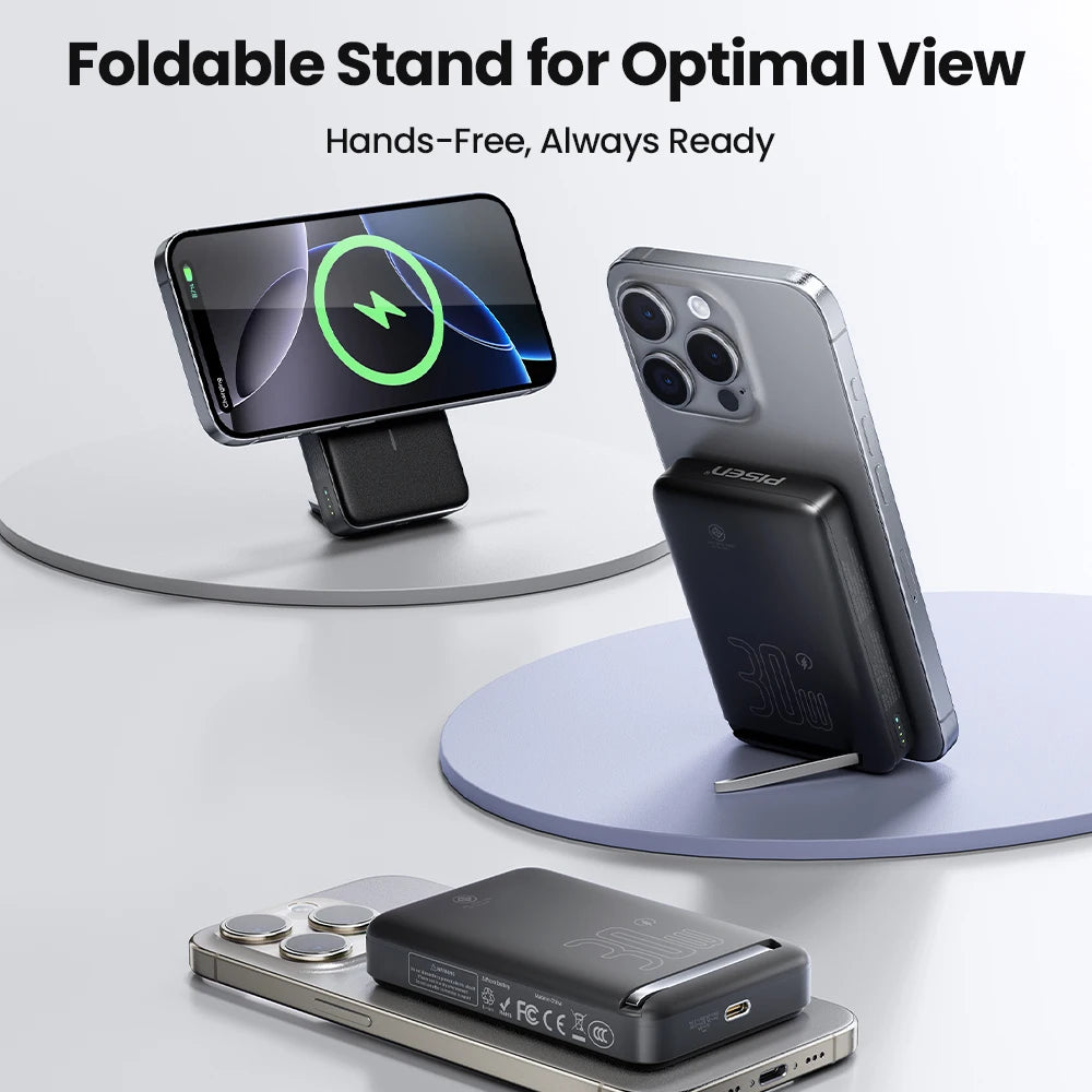 PISEN 30W magnetic wireless charger with foldable stand charging iPhones in horizontal and vertical positions