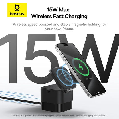Baseus black magnetic wireless fast charger supporting 15W max charging for iPhone on a white background