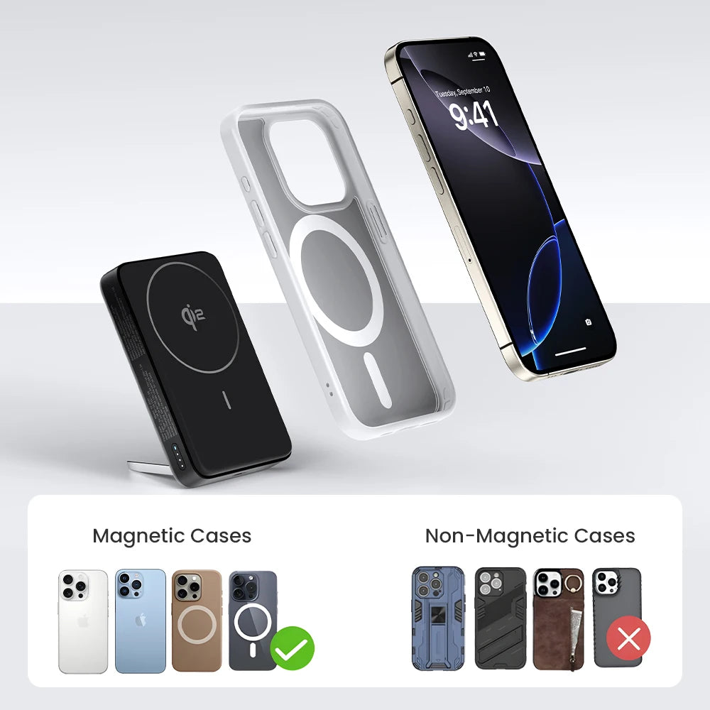 PISEN 30W Qi2 magnetic wireless charger and stand with iPhone case compatibility guide floating on light background