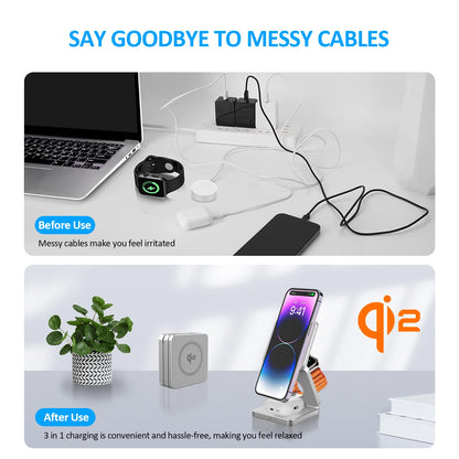 Top image shows tangled charging cables on desk; bottom image shows neat 3-in-1 Qi2 wireless charger with phone on stand.