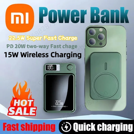 Xiaomi MI power bank with 22.5W fast charge and 15W wireless charging shown next to green smartphone with magnetic charger