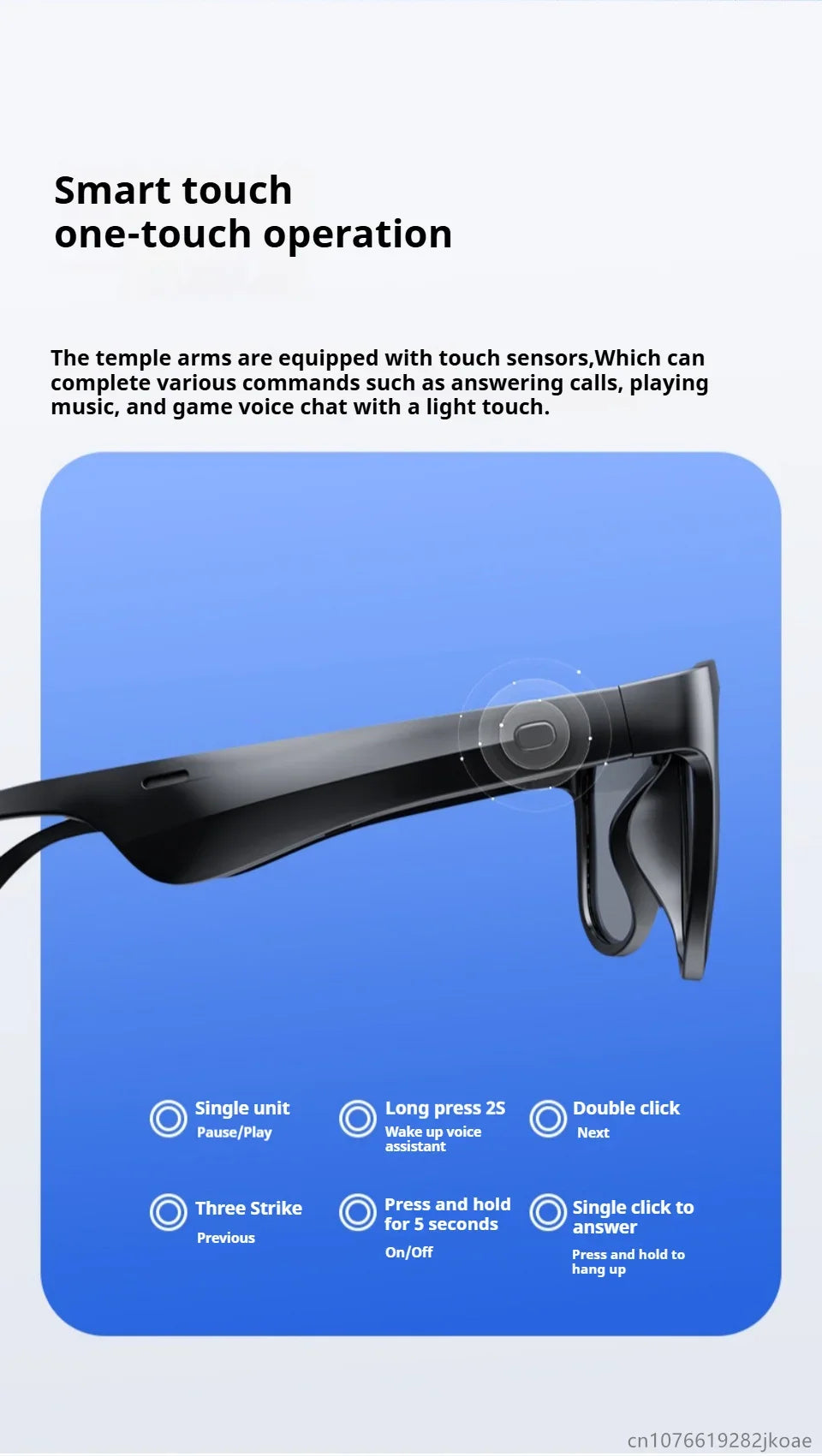 Close-up of black smart sunglasses temple arm with touch sensor controls on blue background