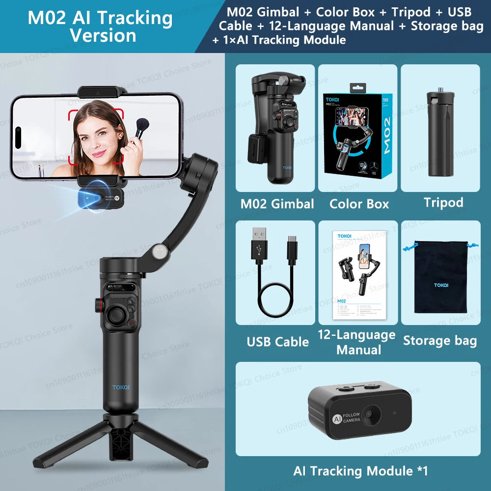 Portable black 3-axis smartphone gimbal with wireless remote, tripod, USB cable, manual, storage bag, and AI tracking module displayed