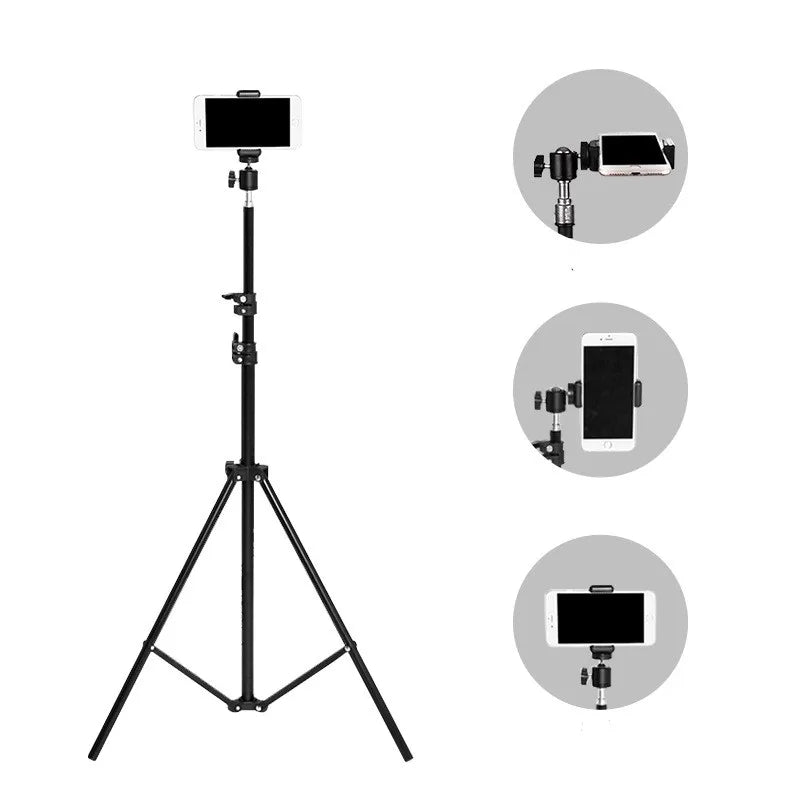 Black multifunctional phone tripod stand shown in extended position with inset images of adjustable phone mount angles