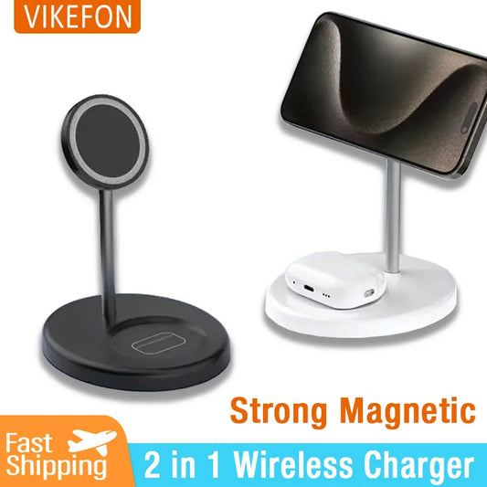 Two magnetic wireless charging stands in black and white with phone and earbud charging pads displayed separately