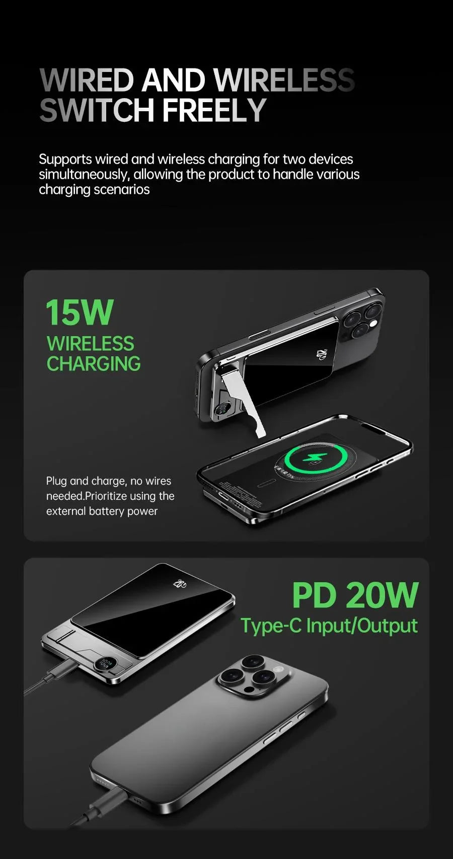 Wireless power bank charging two devices simultaneously with 15W wireless and 20W PD Type-C output