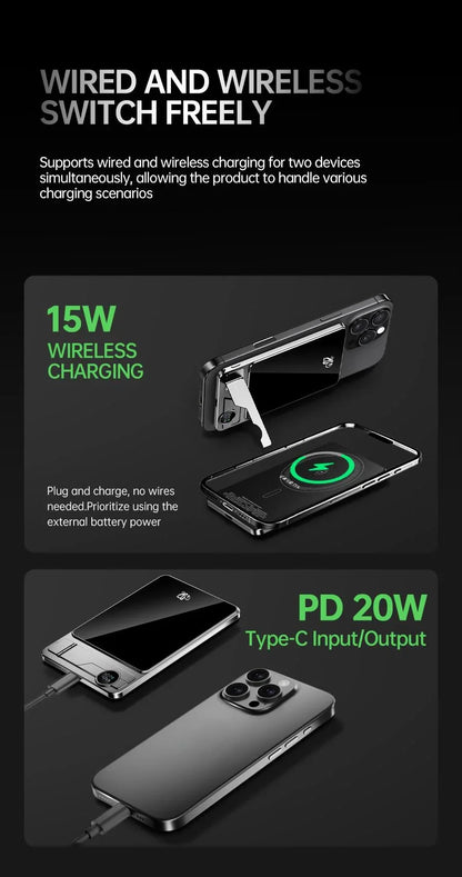 Wireless power bank charging two devices simultaneously with 15W wireless and 20W PD Type-C output