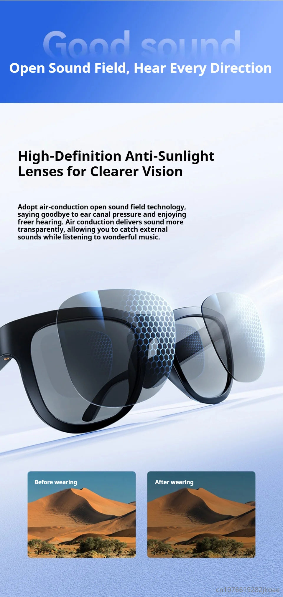 Pair of black smart sunglasses with high-definition anti-sunlight lenses and open sound field technology demonstration
