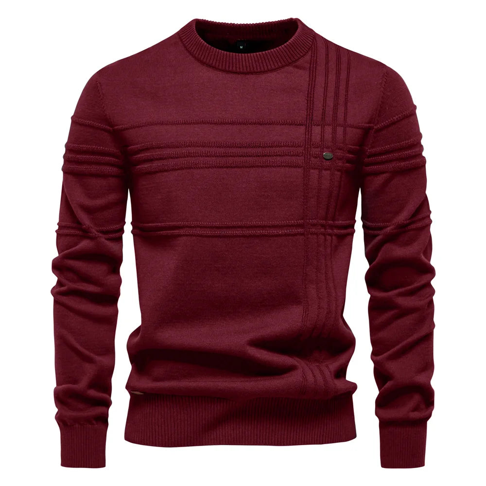 AIOPESON hommes col rond pull pull tricoté coton rayé chaud automne hiver Doba Store bordeaux élégant