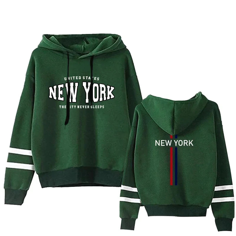 Green two-piece hoodie set with white stripes on sleeves and New York graphic print on front and back