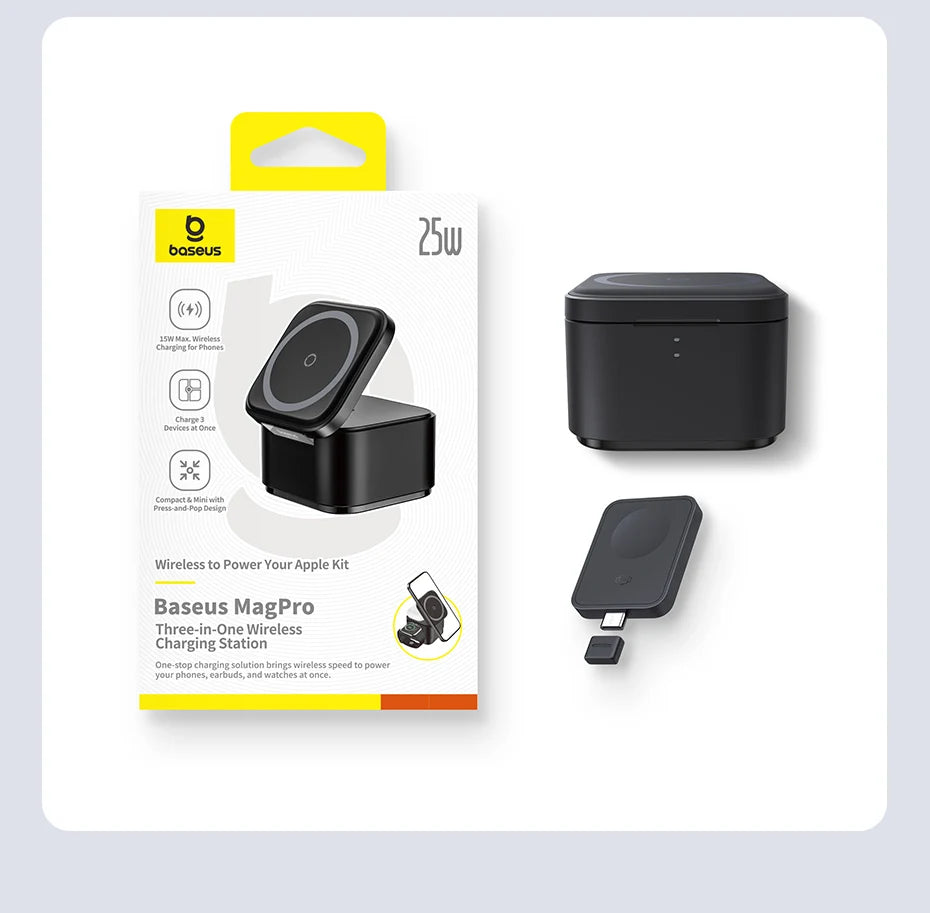Baseus MagPro 3-in-1 wireless magnetic charger 25W with charging station and adapter in cosmic black color