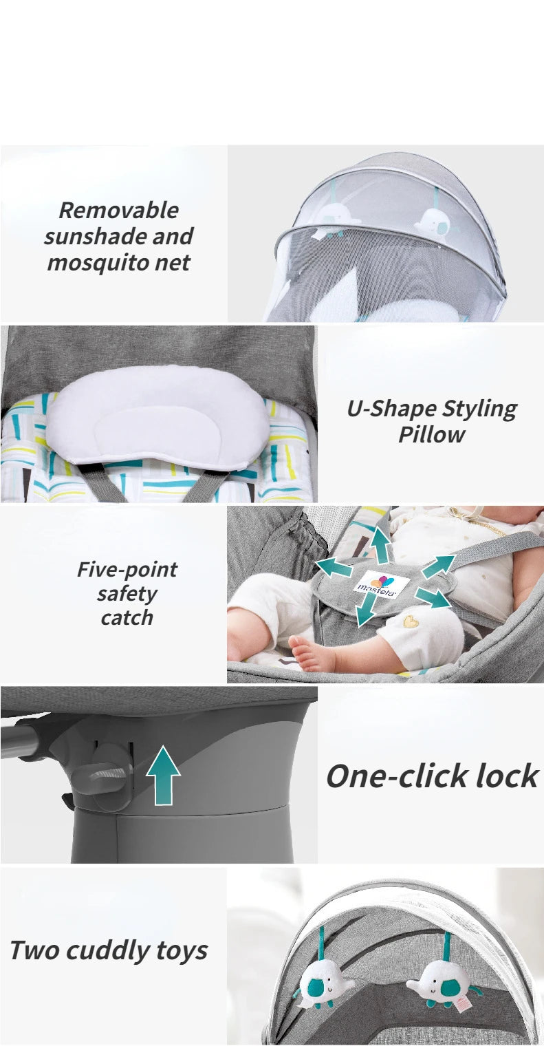 Close-up collage showing electric baby rocking chair features including sunshade, pillow, safety harness, lock, and toys