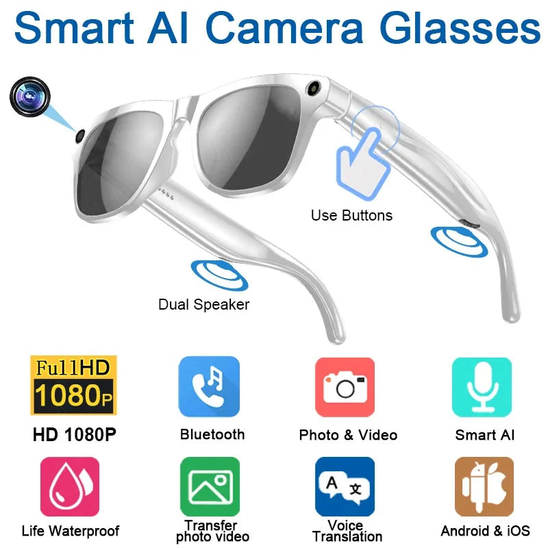 White smart AI sunglasses with built-in 1080P camera, Bluetooth, dual speakers, and voice control features icons below