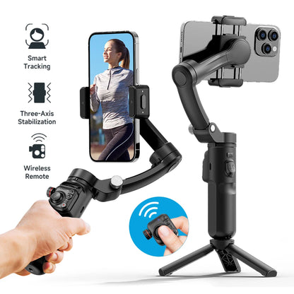 Black portable 3-axis smartphone gimbal stabilizer with wireless remote and smart tracking, shown holding phone vertically and horizontally