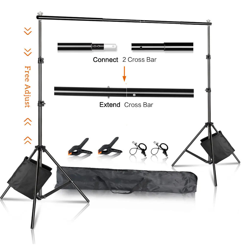 Adjustable black aluminum photo backdrop support stand with crossbar, clips, and carrying case for studio use