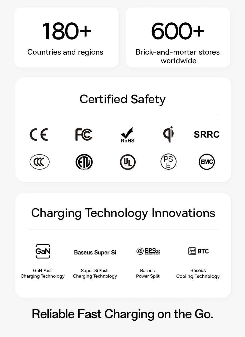 Certification logos including CE, FCC, RoHS, Qi with text highlighting worldwide stores and charging technology innovations