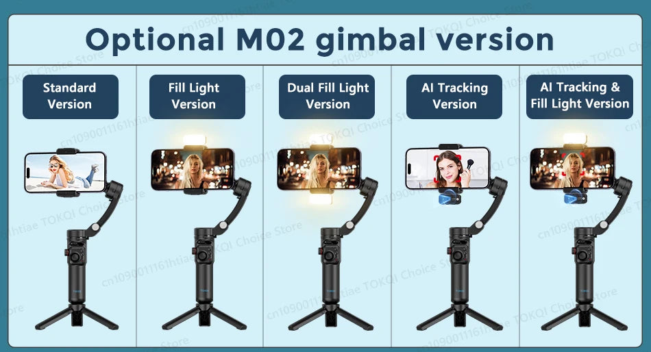 Five versions of M02 portable 3-axis smartphone gimbal with tripod showing standard, fill light, dual fill light, AI tracking, and AI tracking with fill light options