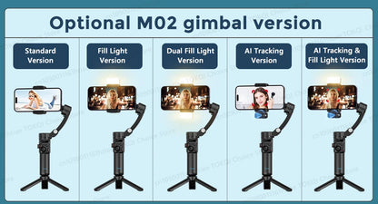 Five versions of M02 portable 3-axis smartphone gimbal with tripod showing standard, fill light, dual fill light, AI tracking, and AI tracking with fill light options