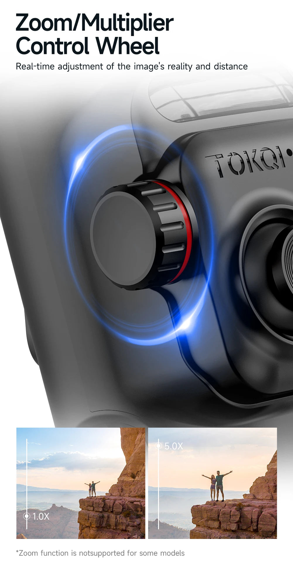 Close-up of zoom control wheel on black smartphone gimbal showing power and zoom adjustment feature