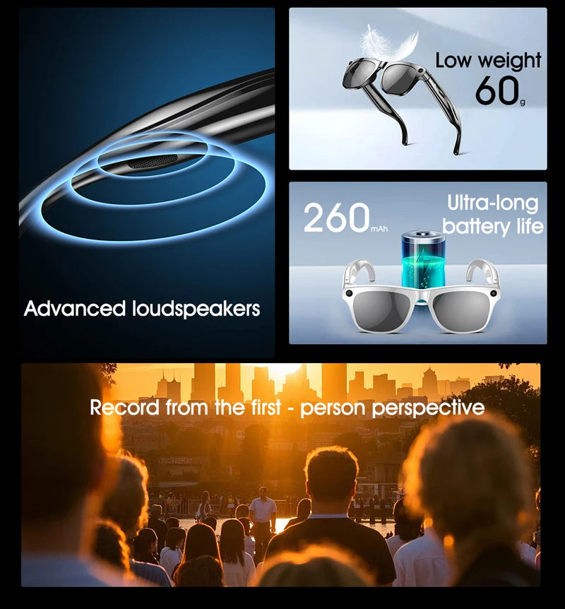 Close-up of smart sunglasses highlighting advanced speakers, lightweight design, long battery, and first-person video recording feature