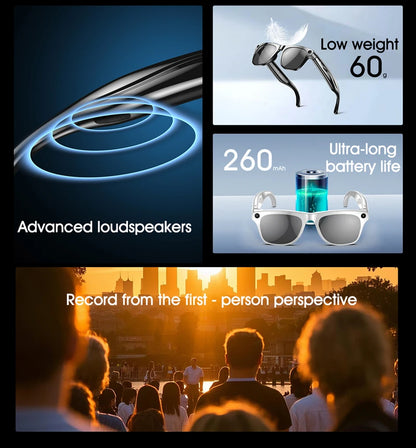 Close-up of smart sunglasses highlighting advanced speakers, lightweight design, long battery, and first-person video recording feature
